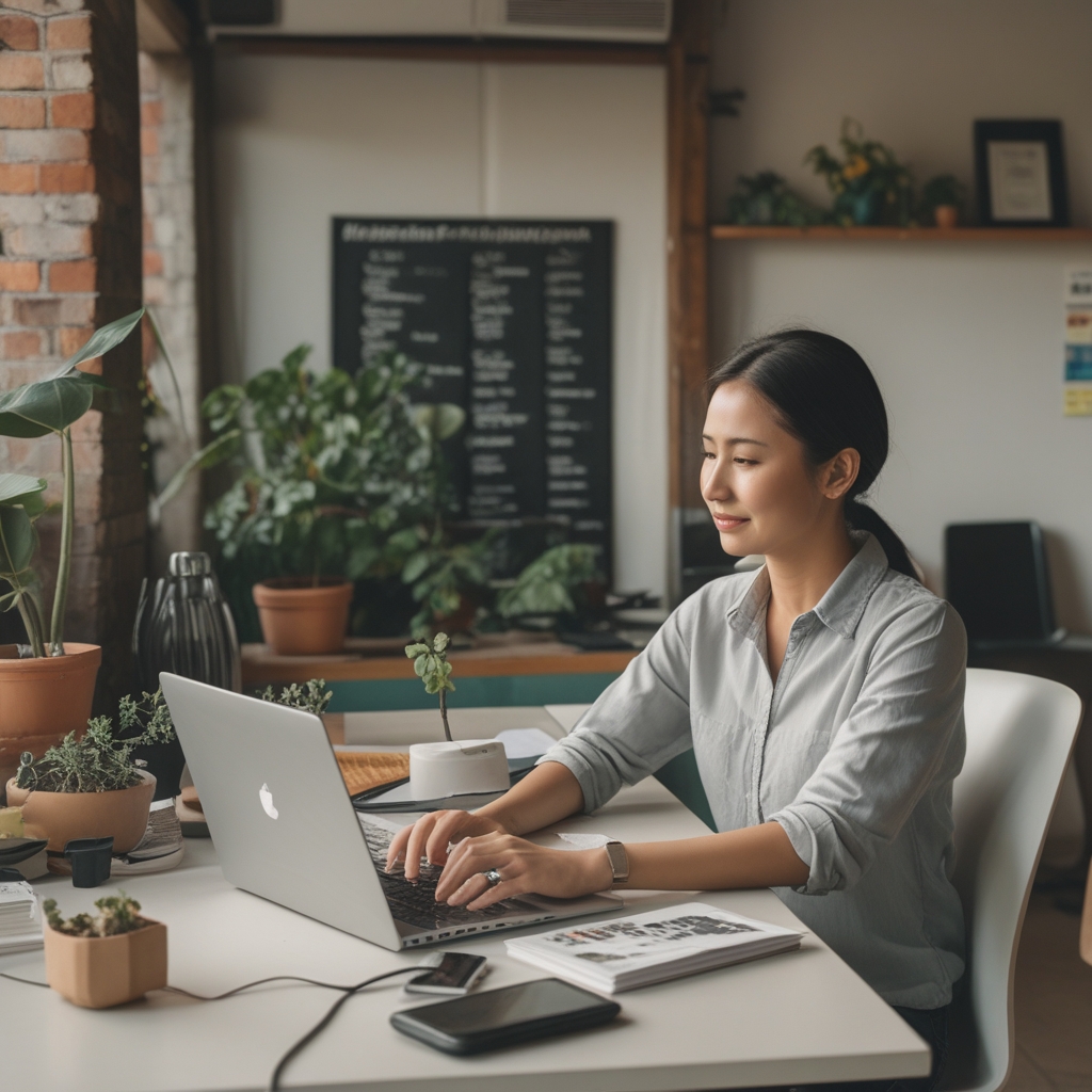Seseorang bekerja di depan laptop di meja kerja yang terang dengan pencahayaan alami dari jendela besar, tanaman kecil di sisi meja, dan suasana kerja yang tenang dan terorganisir