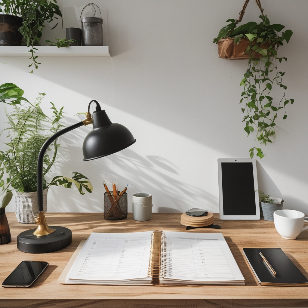 Suasana pagi hari di ruang kerja rumahan dengan secangkir teh di atas meja, cahaya matahari pagi yang hangat masuk melalui tirai tipis, dan agenda terbuka sebagai simbol rutinitas terencana