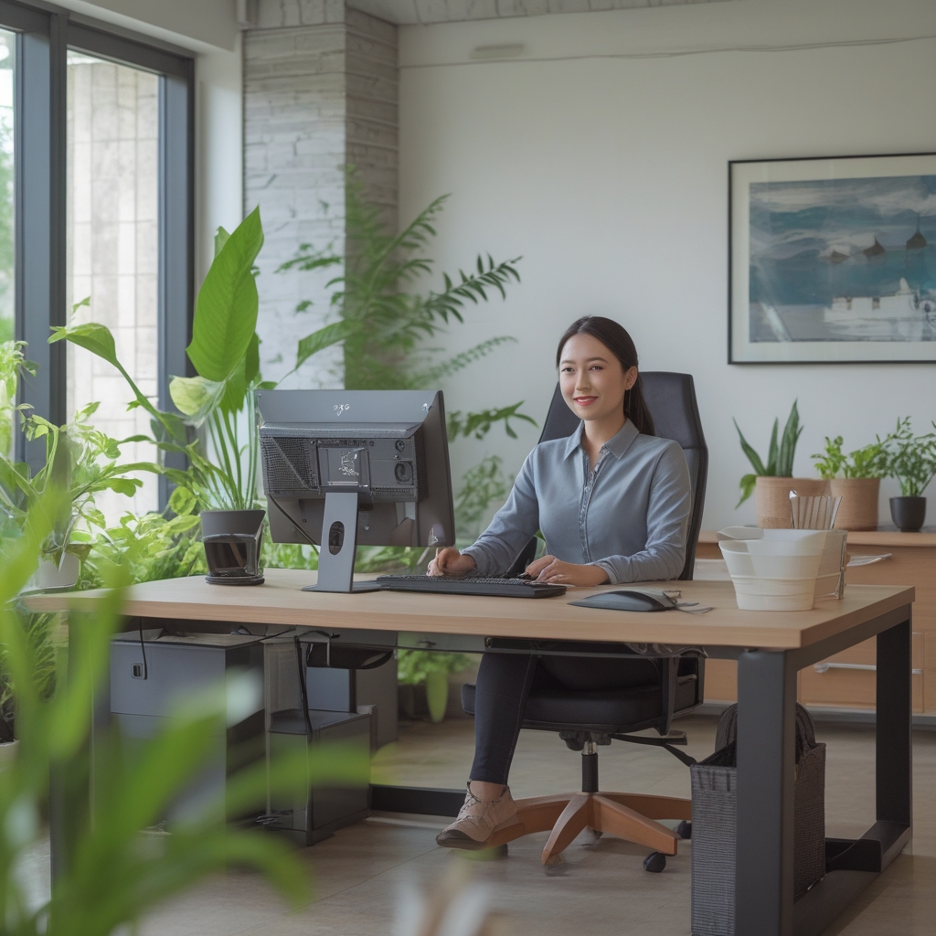 Ruang kerja ergonomis modern dengan cahaya alami dari jendela besar, meja kayu bersih, kursi berdesain ergonomis, dan tanaman hijau sebagai elemen dekoratif yang menenangkan