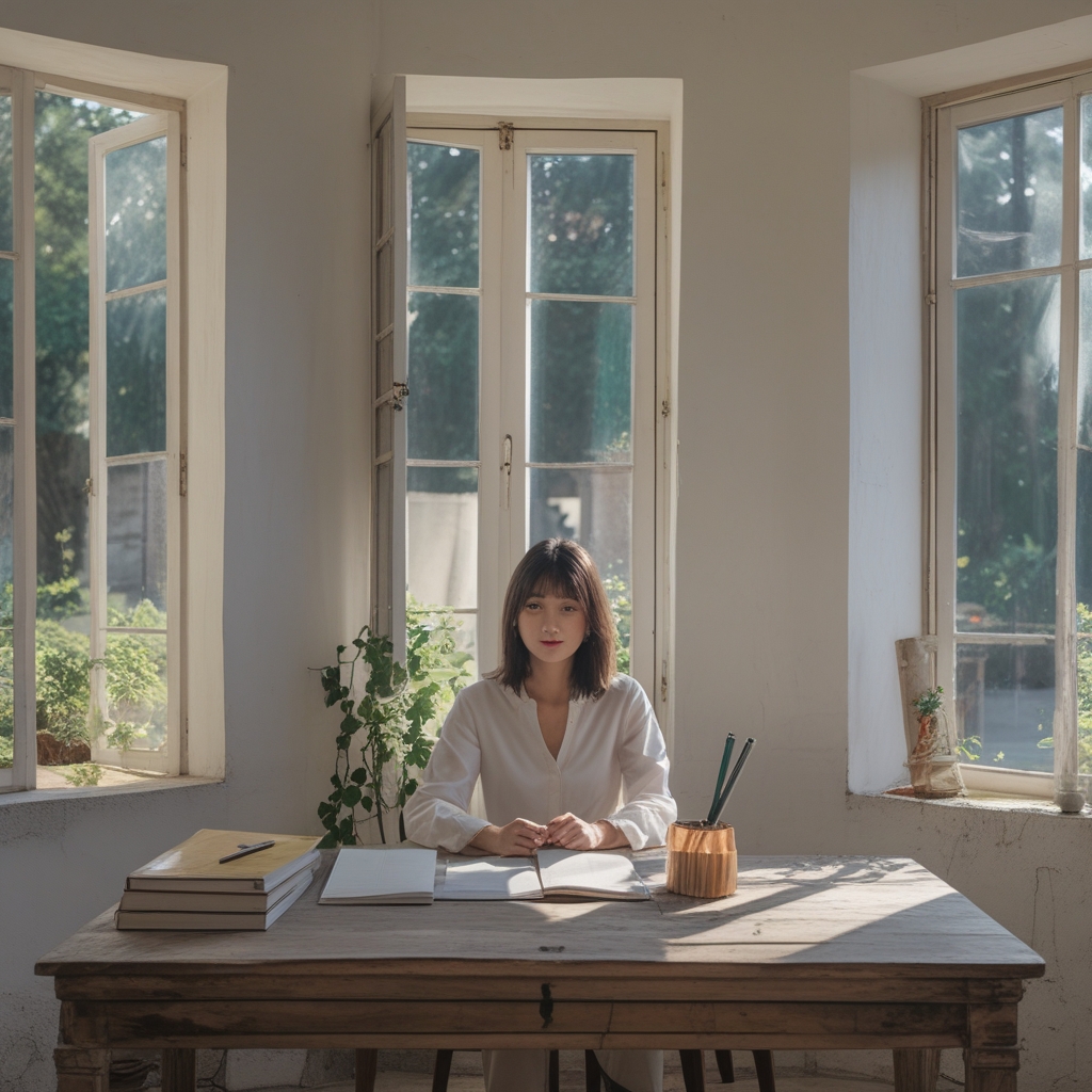 Meja kerja minimalis dari kayu dengan buku dan pensil di latar depan, serta jendela terang dengan pemandangan terbuka di latar belakang, menciptakan kontras fokus alami